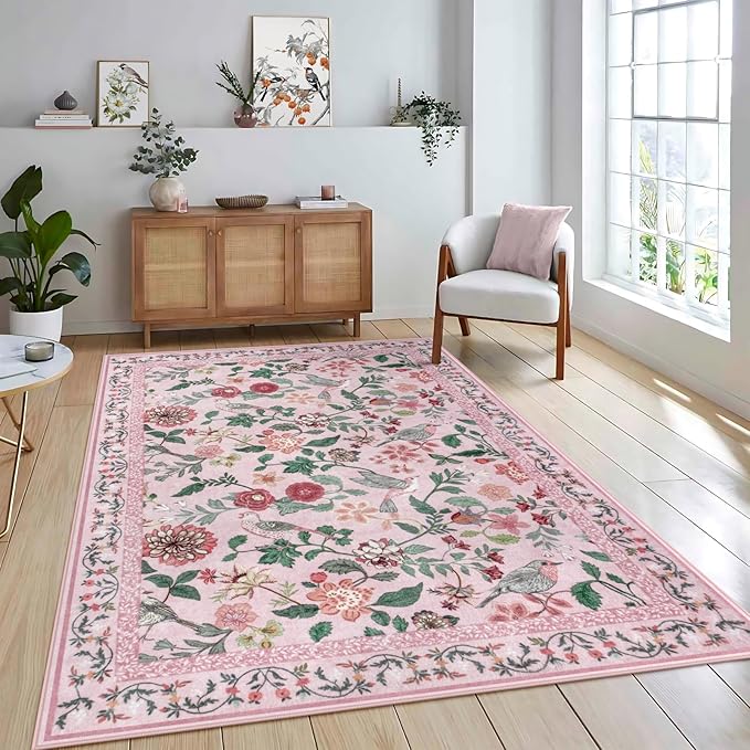 Pink Floral 5x7 Area Rug, Washable Non-Slip Boho Rugs for Living Room Low Pile Flower Birds Bedroom Rug, Soft Non-Shedding Botanical Indoor Carpet for Nursery Playroom Dining Room
