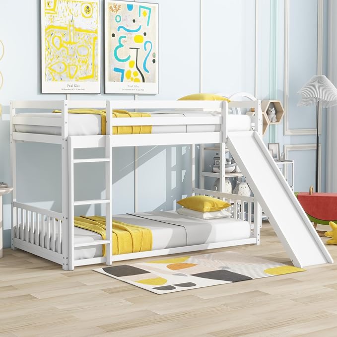 Twin Over Twin Bunk Bed with Slide and Ladder, Wood Floor Bunk Bed Frame with Door and Safety Guardrails for Kids Teens Boys Girls, No Box Spring Needed