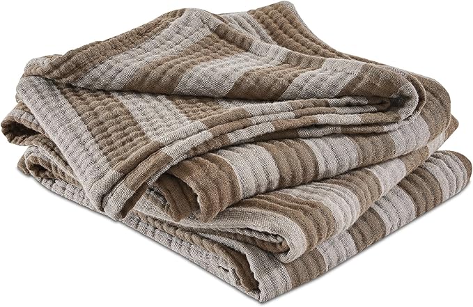 EMME Cotton Muslin Twin Blanket Breathable Gauze Soft Lightweight Adults Gifts for Women (Striped Brown, 60"x80")