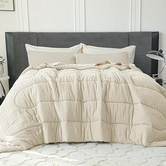 Simple&Opulence 100% Cotton Muslin Comforter Set Queen Size, 3PCS Washed Cotton Gauze Comforter, Soft Lightweight All Seasons Bedding Sets with 2 Pillow Shams(Cream,Queen)