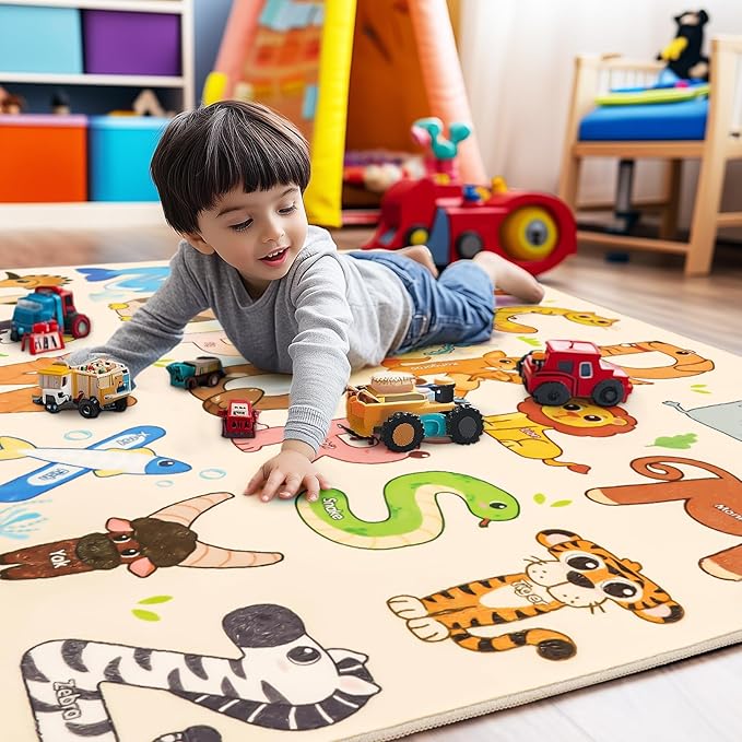 Kids Rugs for Playroom, 5x7 Feet Educational Rug for Learn The ABC Alphabet, Soft Machine Washable Non-Slip Cute Animal Carpet for Classroom Toddler Nursery Kids Room Decor Mat, Beige