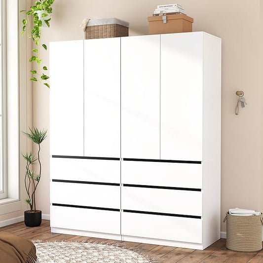 Armoire Wardrobe Closet with Drawers：75" Large White Wardrobe Closet Cabinet with 4 Doors for Hanging Clothes, Modern Wooden Bedroom Armoires with 6 Drawers and Storage (B+B, 63")