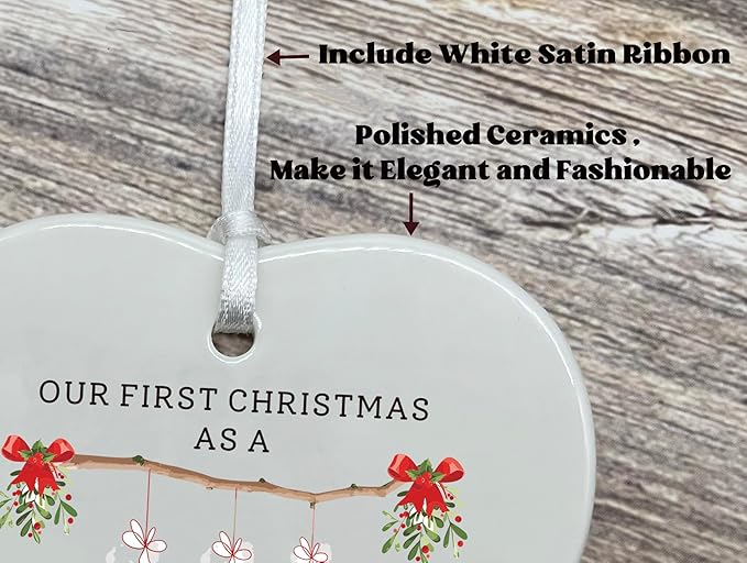 2025 Our First Christmas As A Family of Three-New Parents,New Baby,Newborn Gift-First Time Mom Dad-The First Kid-Xmas Stocking Theme-Hanging Heart Shaped Ornament-Double Sided Printed