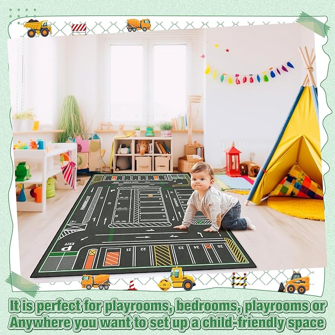Tinideya Kids Carpet Playmat Rug Player Car Rug, 5x7 ft Traffic Map Mat Educational Game Area for Toddler Children Playroom Classroom Bedroom (Parking, Green)