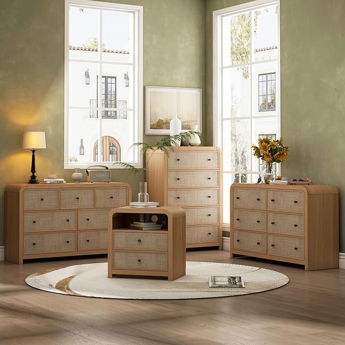 Oak&Sparrow 7 Drawer Dresser for Bedroom, 49'' Rattan Dresser with Ample Storage, Boho Chest of Drawers, Thickened Curved Profile Design, Oak Dressers for Bedroom, Living Room
