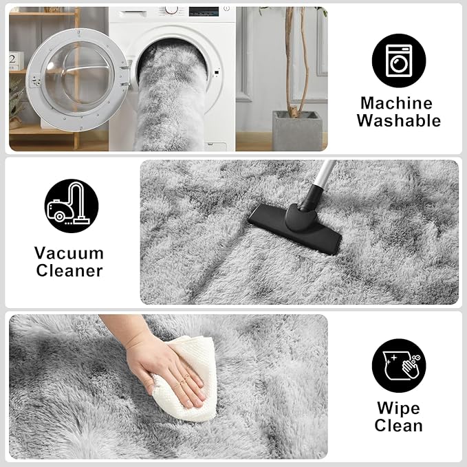 Merelax Soft Modern Indoor Large Shaggy Rug for Livingroom Bedroom Dorm Kids Room Home Decorative, Non-Slip Plush Fluffy Furry Fur Area Rugs Comfy Nursery Floor Carpet 9x11 Feet,Tie-Dyed Light Grey