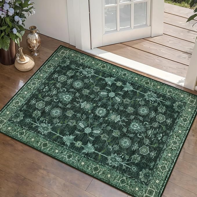 Tangsoo Green Washable Entry Rug, 2x3 Small Area Throw Rugs for Entryway Non Slip, Distressed Vintage Floral Thin Rug for Kitchen Bedroom, Low Pile Floor Carpet Front Door Mat for Entrance Foyer Decor