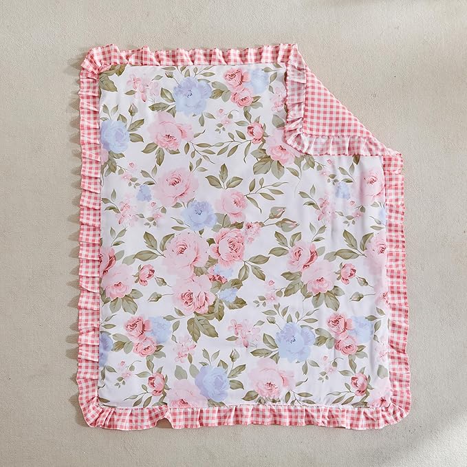 3 Pieces Pink Blue Rose Flowers Mini Crib Bedding Set Baby Ruffled Quilted Comforter with Fitted Sheet and Bed Skirt - Cute Ruffled Shabby Chic Baby Girls Bedding Soft Blanket Floral Design