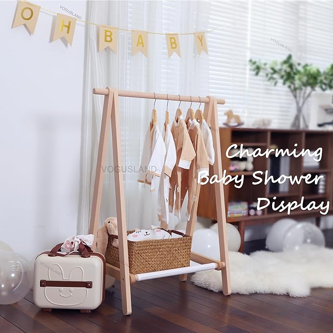 Dress up Rack, Child Garment Rack, Kids Clothing Rack with Storage Shelf (Natural Beech, 29.5" L x 14.5" W x 40" H)