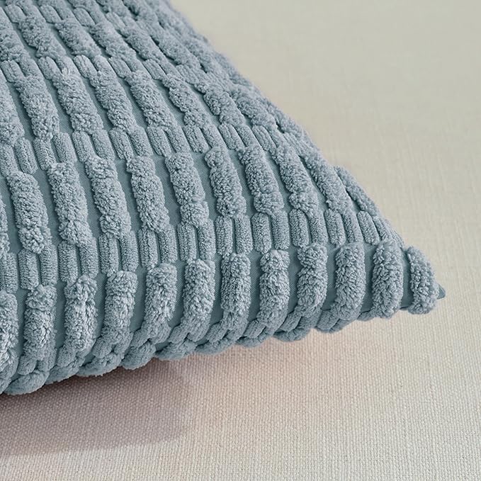 Fancy Homi 2 Packs Boho Light Blue Decorative Throw Pillow Covers 12x12 Inch for Couch Bed Sofa, Rustic Modern Farmhouse Home Decor, Soft Plush Corduroy Cute Square Cushion Case 30x30 cm