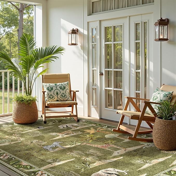 jinchan Jungle 8x10 Green Animals Print Living Room Rug, Machine Washable Soft Ultra-Thin Non-Slip Area Rug, Throw Christmas Carpet for Bedroom Kids Playroom Dining Room Courtyard (8'x10', Green)
