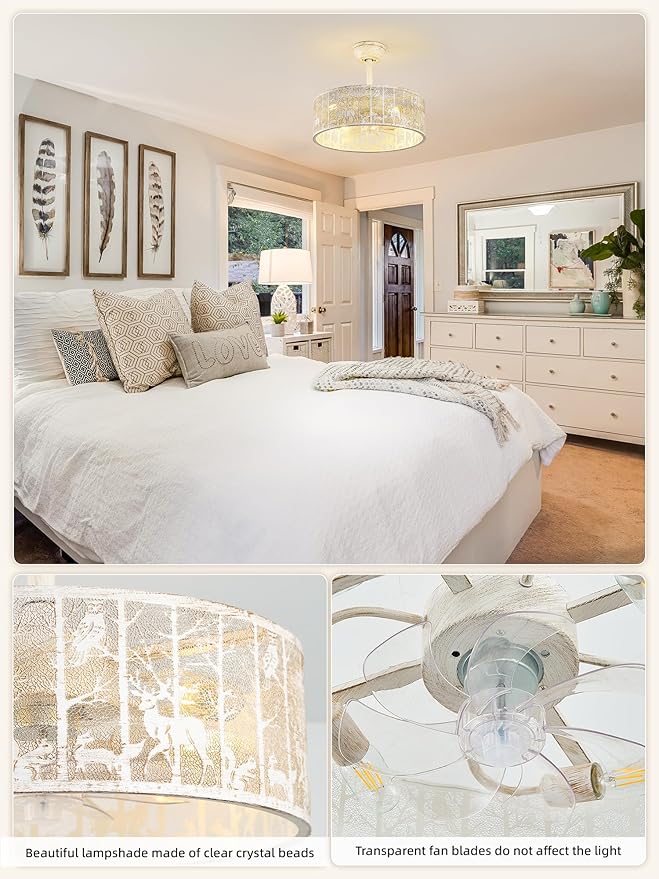 20" Boho Ceiling Fan With Light and Remote, Caged Fandelier Ceiling Fans with Lights, Bladeless Ceiling Fans with 6 Speeds for Bedroom, Nursery, Living Room