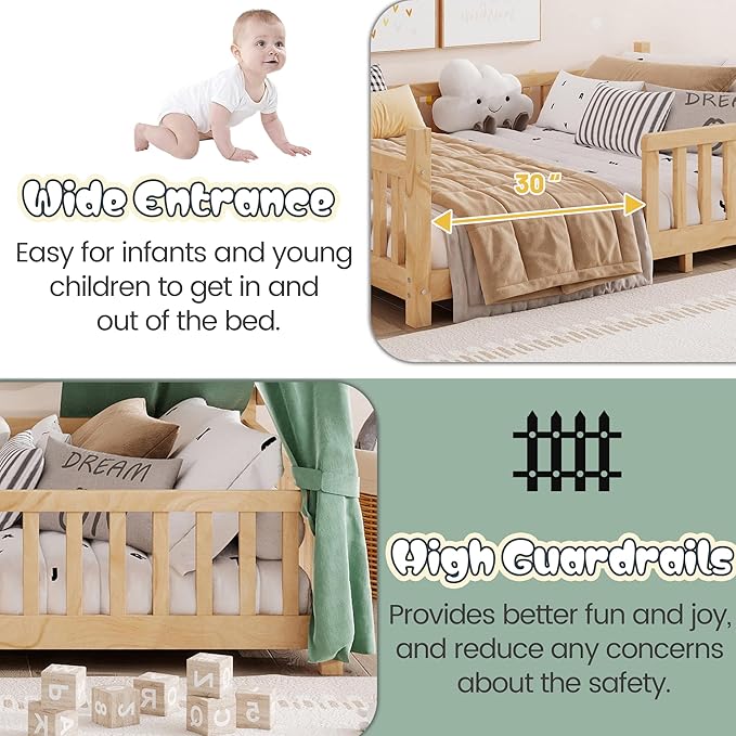 Montessori Bed Full Size with Light and Slats, Wood Teepee Floor Bed for Kids Boys Girls,House Bed Frame with Rails & Roof,No Box Spring Needed, Natural