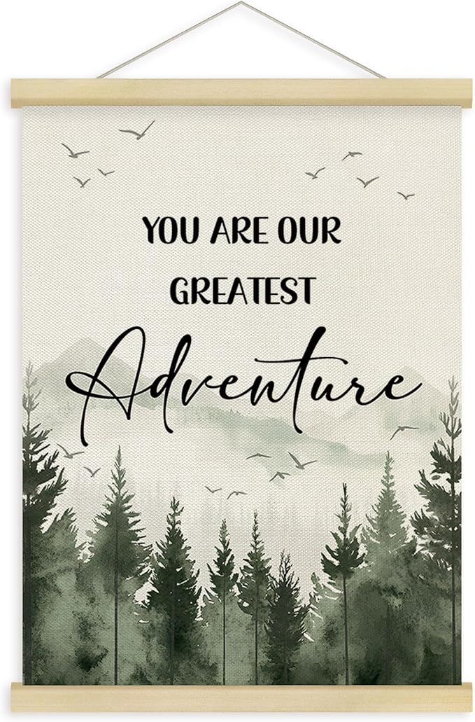 Fewgb Woodland Forest Mountain Wall Art Decor for Baby Nursery Kids Room Playroom, You Are Our Greatest Adventure Hanging Poster Framed Hanger, Sage Green Picture Prints 12x16