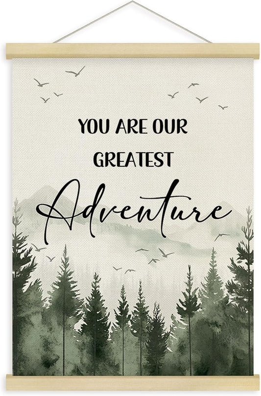 Fewgb Woodland Forest Mountain Wall Art Decor for Baby Nursery Kids Room Playroom, You Are Our Greatest Adventure Hanging Poster Framed Hanger, Sage Green Picture Prints 12x16