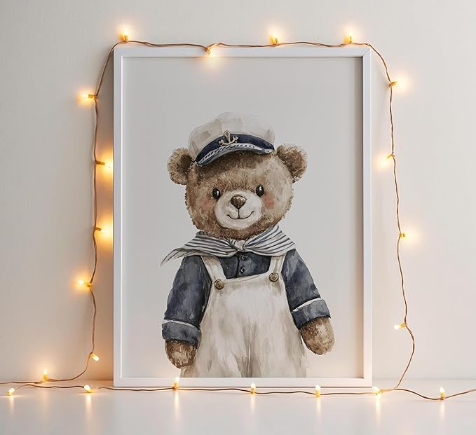 BMFLFWXE Vintage Nautical Nursery Wall Art Boy Coastal Canvas Posters Teddy Bear Sailor Pictures Navy Blue Ocean Sailboat and Lighthouse Painting Print Artwork for Kids Boy Room Playroom, Unframed