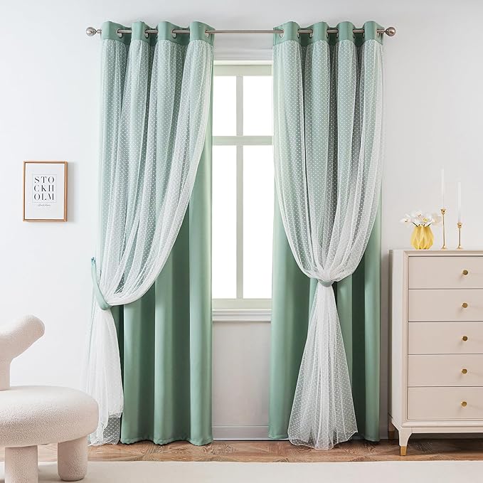 MYSKY HOME Curtains for Girls Bedroom & Nursery Kids Green Cute Curtains Double Layer with Polka Dots Sheer, Grommet Tops, 52x84 Inch Each Panel, 2 Panels