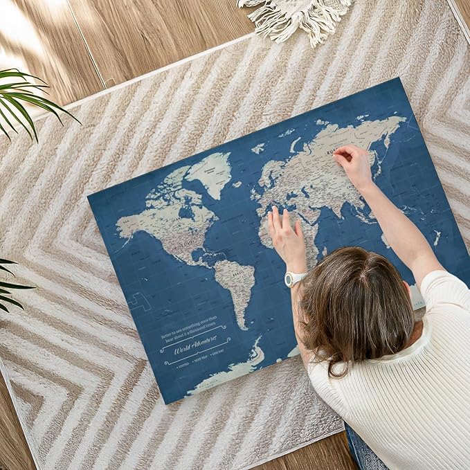 ElephantStock - World Adventures Push Pin Travel Map I Wall Art - Horizontal Canvas Wall Art - Living Room Wall Decor - Printmaking Map Canvas Art - Blue And Beige Decor - 36" x 24"