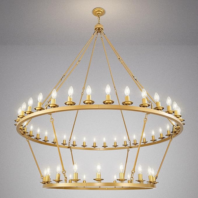 Wagon Wheel Chandelier, 2-Tier 54-Light Gold Large Modern Farmhouse Chandelier with Adjustable Height Island Light Fixture for High Ceiling Dining Room, Kitchen, Living Room, Entryways, Foyer