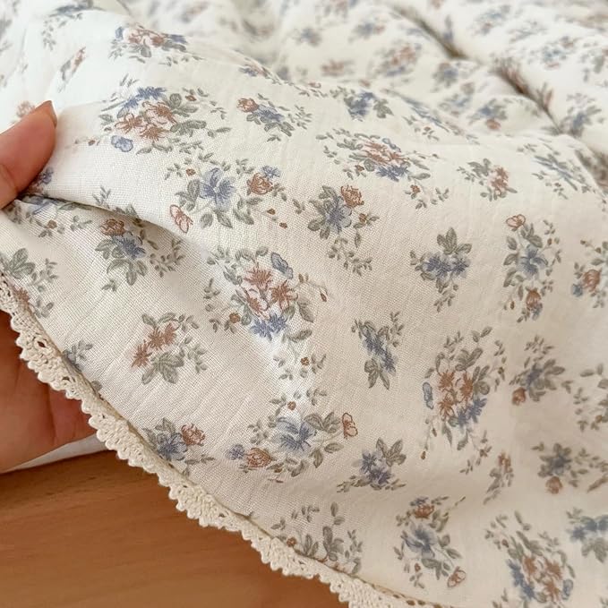 BuLuTu French Country Blue Floral Quilted Blanket with Lace Edges, Muslin Cotton Toddler Bed Baby Crib Comforter Girls Boys Nursery Decor, 47"x59", Soft Lightweight, Ballon Flower Print