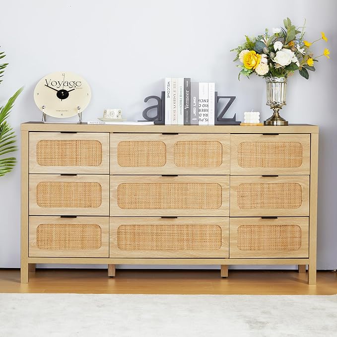 LEVNARY 9 Drawer Dresser for Bedroom, Rattan Dressers & Chest of Drawers, Large 58" Long Dressers Wooden Storage Organizer Dresser for Entryway, Living Room (Natural)