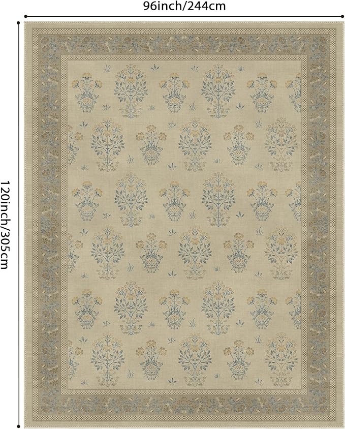 GENIMO 8x10 Vintage Floral Area Rug, Soft Microfiber Washable Rug with Non-Slip Backing, Brown Carpet for Living Room, Bedroom and Dining Room