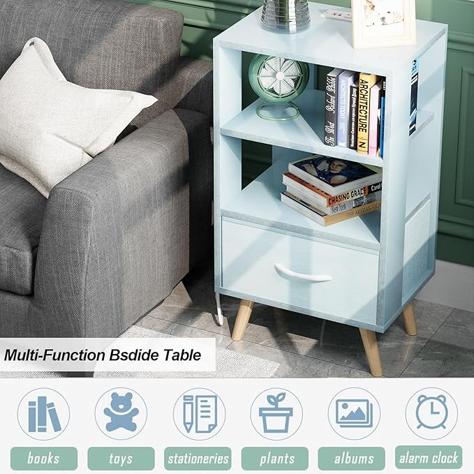 Night Stand with Charging Station, Blue Kids Nightstand with Drawer, 3-Tier Nursery Bedside Table with USB Ports and Outlets, End Table for Small Space, Living Room, Bedroom