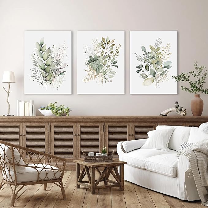 WRFON Watercolor Botanical Wall Art Set of 3 Boho Sage Green Wildflower Canvas Wall Art Prints Modern Floral Wall Decor for Bedroom Living Room Bathroom Decorations Framed 16x24 Inches