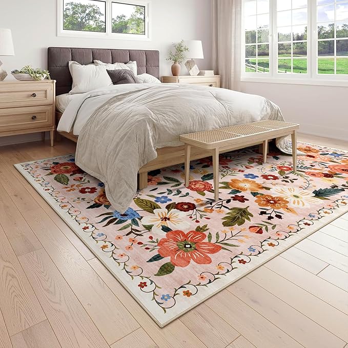 8x10 Washable Area Rug for Living Room, Floral Non-Slip Non-Shedding & Easy Care, Large Soft Low Pile Indoor Floor Carpet for Living Room, Bedroom, Farmhouse, Dining Room, Kids Playroom, Beige