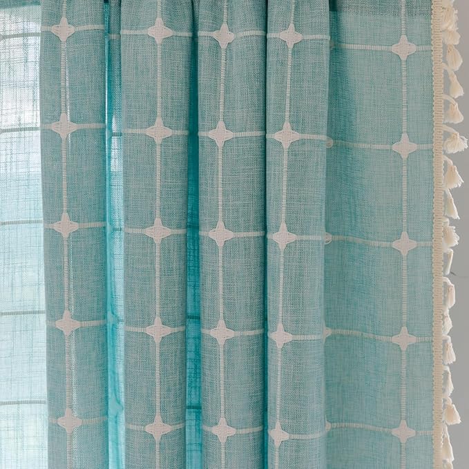 Deeprove Aqua Boho Curtain Valance 18 Inches Length Teal Bohemian Lattice Gingham Textured Embroidery Plaids, Vintage Chic Tassels Casual Easter Decor Drapes Rod Pocket, 1 Panel W52 x L18