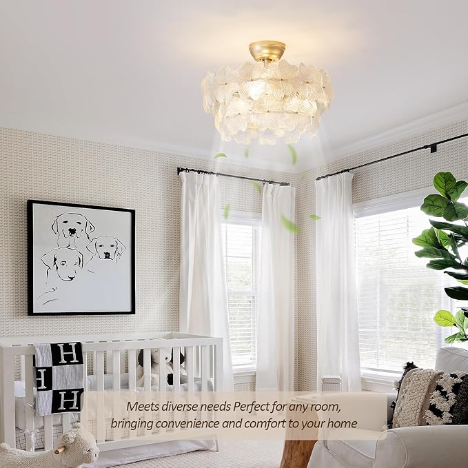 Fandelier Ceiling Fan with Light 20” Gold Flower Chandelier Ceiling Fan with Lihgts Remote Control Modern Crystal for Girl's Bedroom,Nursery,Living Room