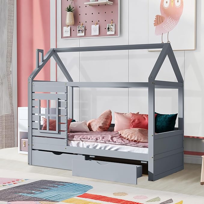 Twin Size Kids House Bed with 2 Storage Drawers, Twin House Bed Frame with Roof and Window, Twin Bed Frames for Kids with Slats, Modern Wooden Montessori Bed for Bedroom, Grey