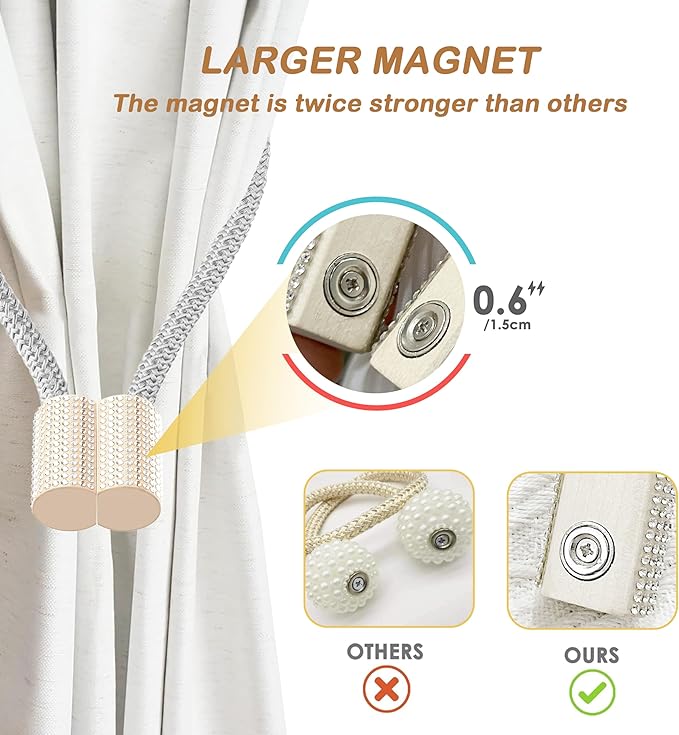 SRG Handmade Magnetic Curtain Tiebacks 2 Pack Sparkling Glass Wrapped Wooden Holdbacks with Strong Magnets, No Drilling Drapery Accessories for Home Decor – Gray
