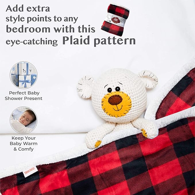Ultra Soft Sherpa Fleece Plaid Baby Blanket | Cozy, Plush Throw Blanket for Kids | Reversible Plaid | Washable | Wide Size for Extra for Warmth & Comfort | Cute