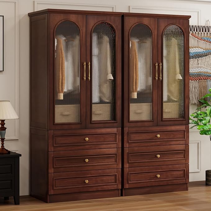 Solid Wood Wardrobe Closet:TemkTuek 70.87" Large Armoire,Clothing Storage Cabinet with Drawers,Mirror,Doors,Hanging Railsand Shelves,Vintage Freestanding,Bedroom,Cherry Finish(21-21)