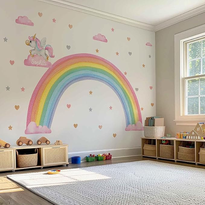 Unicorn Wall Decal – Unicorn - Rainbow - Clouds Wall Sticker Set for Baby Girl Nursery – Pastel Whimsical Sticker Mural for Kids Room Decor (Unicorn Rainbow, XLarge)