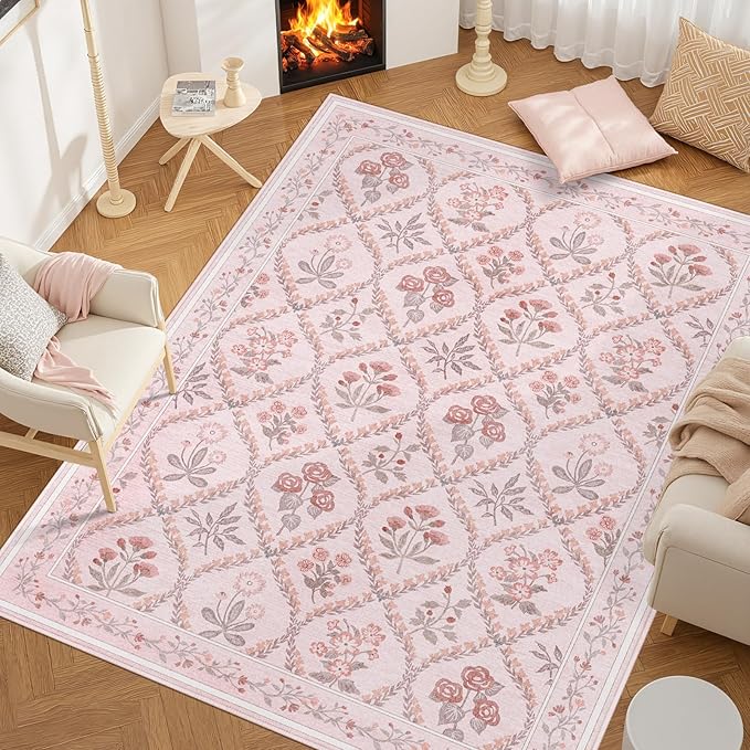 Nursery Rug for Baby Girl, 5x8 Washable Pink Rugs for Bedroom Girls, Soft Faux Wool Cute Pink Boho Floral Area Rugs for Living Room Kids Room Playroom, Pink Multi