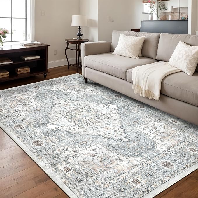 Area Rug 5×7 Washable Rugs for Bedroom, Vintage Floral Rug Soft Non Slip Stain Resistant Carpet for Living Room Dinning Room Kitchen Home Office Blue Green Multi