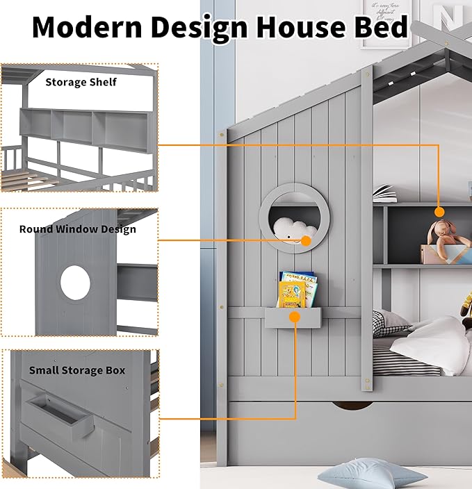 Linique Wooden Full Size House Bed with Trundle and Storage Shelf,Modern Design Full Platform Bed Frame with Pitched Roof(Gray)