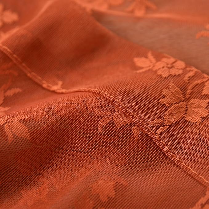 Kotile Burnt Orange Sheer Curtains 54 Inch Length, Country Rustic Floral Fall Curtains for Bedroom, Rod Pocket Privacy Window Sheer Lace Curtain, 52 x 54 Inch, 2 Panels, Orange