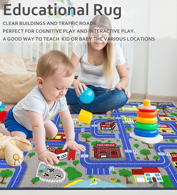 Kids Carpet Playmat Rug 5'2''x3'3'', Kids Rugs for Bedroom, Non-Slip Town City Road Map Car Rugs for Kids Toy Cars, Track Carpet Play Rug for Playroom (Blue)