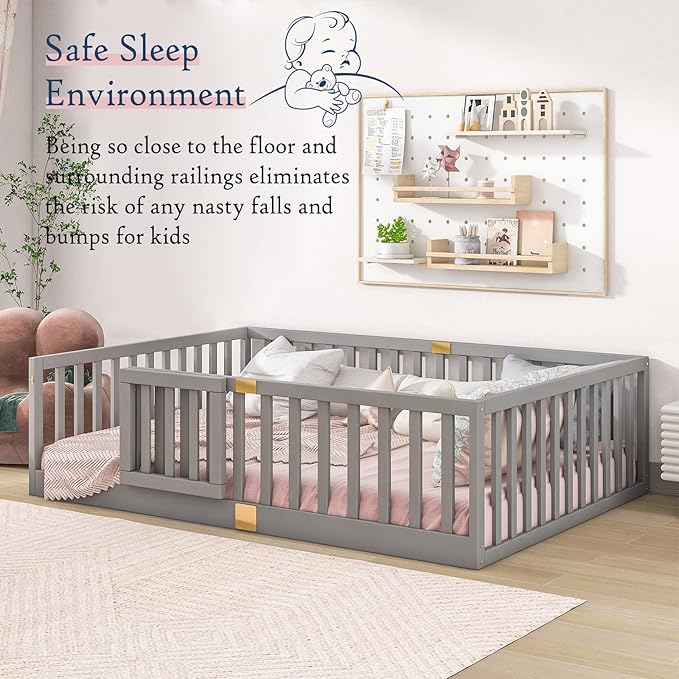 Tatub Full Montessori Floor Bed with High Rails, Solid Wood Montessori Bed Frame for Kids, Door Can Install Left and Right, Full-Grey