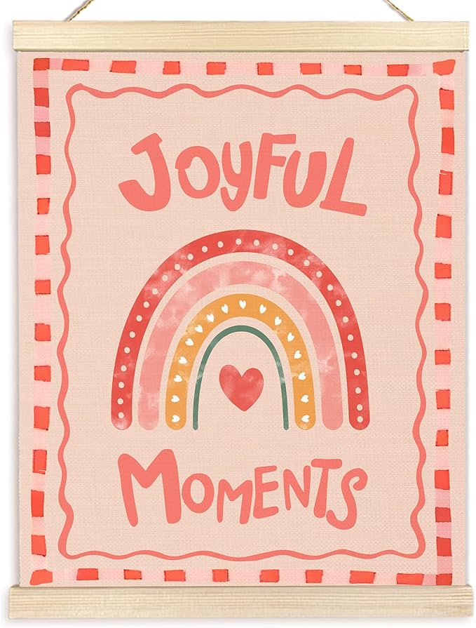 BESERH Pink Boho Rainbow Nursery Wall Art Posters, Kids Room Wall Decor, Girly Pink Joyful Moments Canvas Prints Artwork Framed for Toddler Girls Dorm Bedroom Nursery Playroom, 12x16 Inch