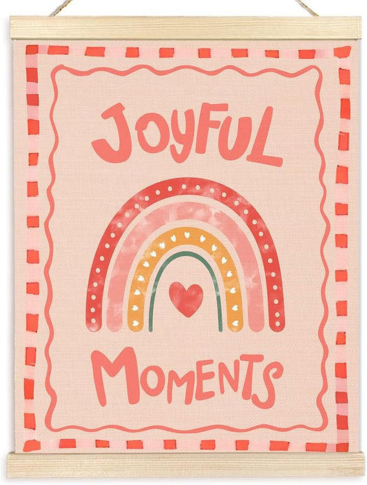 BESERH Pink Boho Rainbow Nursery Wall Art Posters, Kids Room Wall Decor, Girly Pink Joyful Moments Canvas Prints Artwork Framed for Toddler Girls Dorm Bedroom Nursery Playroom, 12x16 Inch