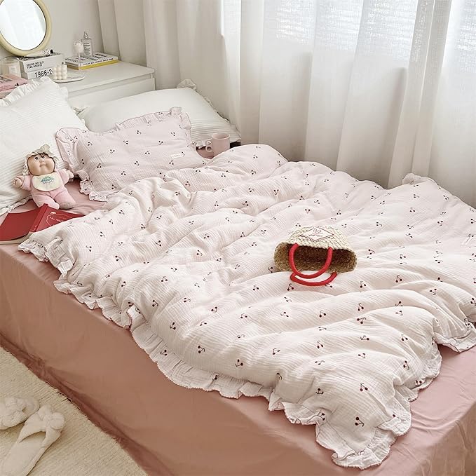AOJIM Muslin Kids Duvet Cover for Boys Girls, 1 Piece Pure Cotton Toddler Cherry Comforter Cover 47X59'', 2-Layer Gauze Kids Bedding with Ruffled Design, No Quilt or Pillowcases
