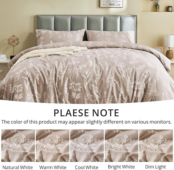 MUXHOMO Duvet Cover King Size, Reversible Floral Taupe Duvet Cover Set with Zipper Closure, 3 Pieces Botanical Patterns Soft Microfiber Bedding Set with 4 Ties (90"x104", 2 Pillow Cases)