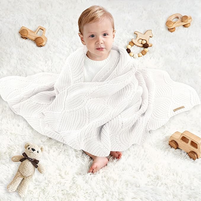 Thick Cotton Knit Baby Blanket 40x31 Inches – Soft Breathable Newborn Blanket for Boys & Girls, Wavy Pattern Receiving Blanket for Crib, Stroller, or Nursery, Gift Box for Baby Shower (White)