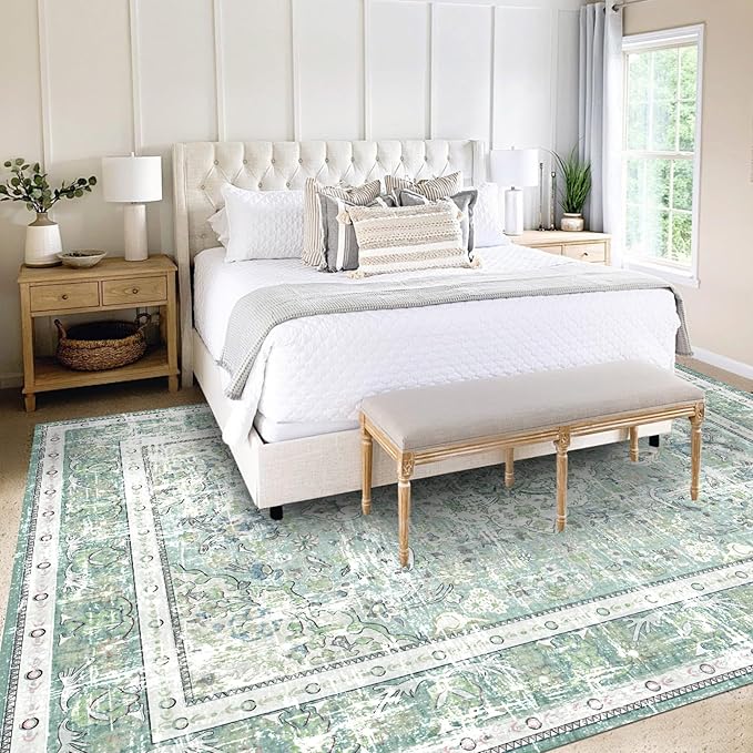 Vhong Boho Area Rugs Vintage Washable Modern Neutral Large Carpet Sage Green 6×9 High Traffic Rugs for Dinning Room Living Room Bedroom Farmhouse Non Slip