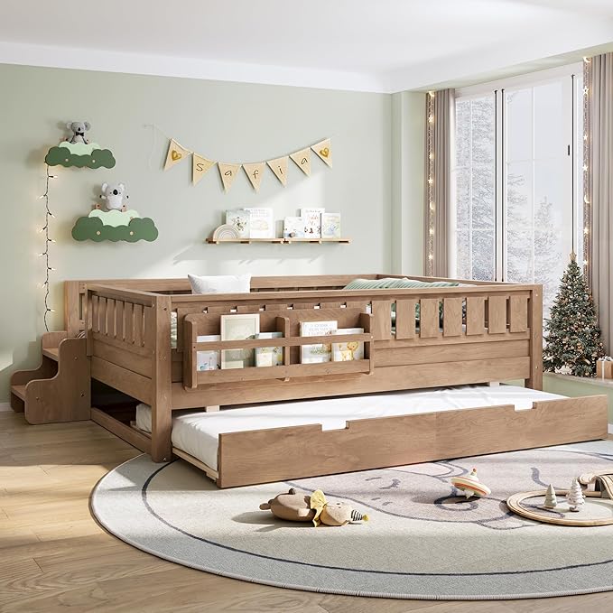 Bellemave Full Bed with Trundle and Stairs, Full Size Platform Bed Frame with Fence and Bookshelf, Easy Assemble Beds for Kids, Girls, Boys, Natural