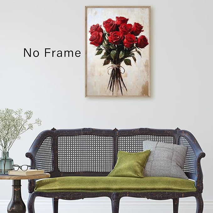 Vintage Flower Canvas Wall Art Red Rose Painting French Country Flowers Prints Farmhouse Rose Poster Floral Still Life Prints Retro Flower Botanical Painting Red Floral Posters 16x24inch Frameless